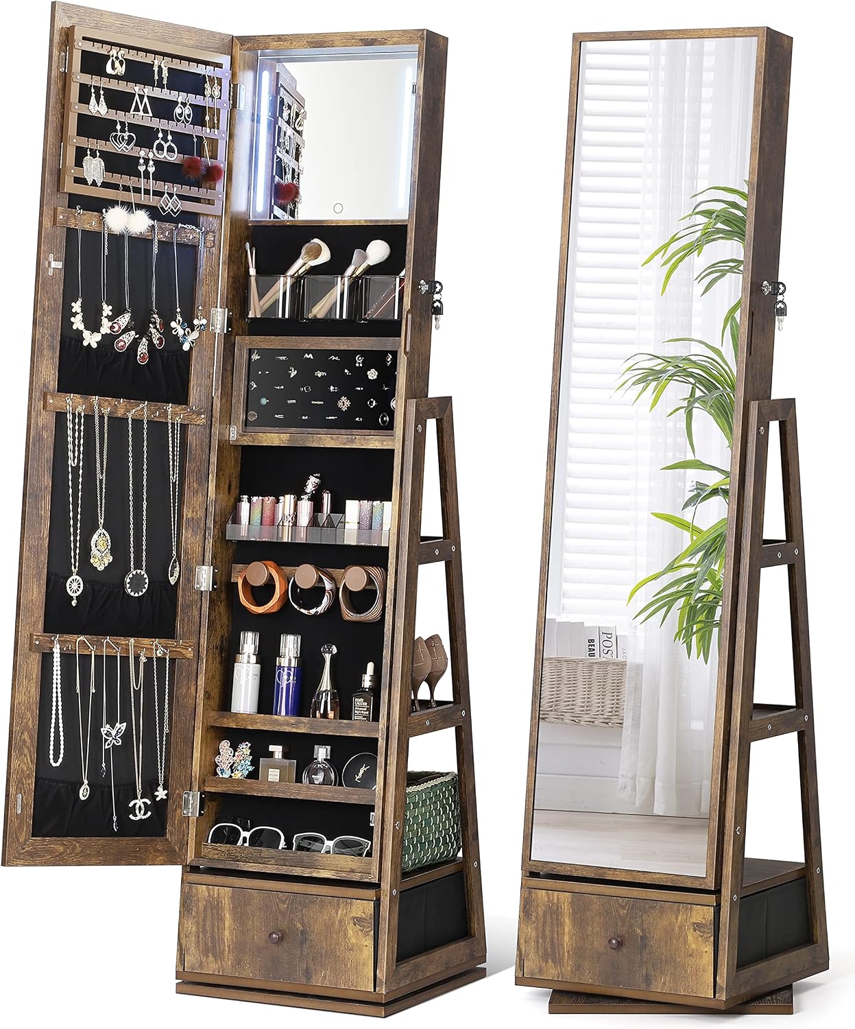 360° Swivel Jewelry Cabinet with Lights, Full Length Mirror | Standing Led Mirror Jewelry Cabinet, Lockable Mirror with Storage, Interior Mirror, Shelves, Flip-over Shelf, Rustic Brown