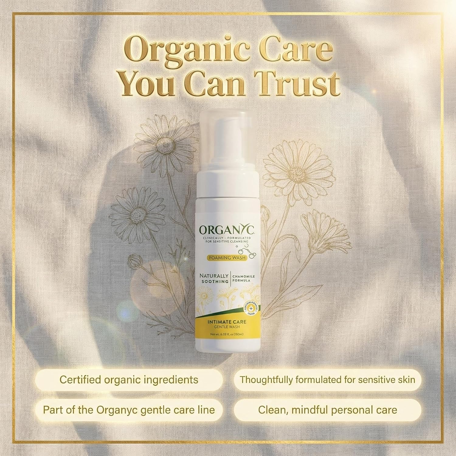Organyc Intimate Foaming Wash for Women, Sensitive Skin Care, Certified Organic Ingredients, pH Balanced, Chamomile & Calendula, Gentle Daily Cleanser, 6.08 fl oz - Image 6
