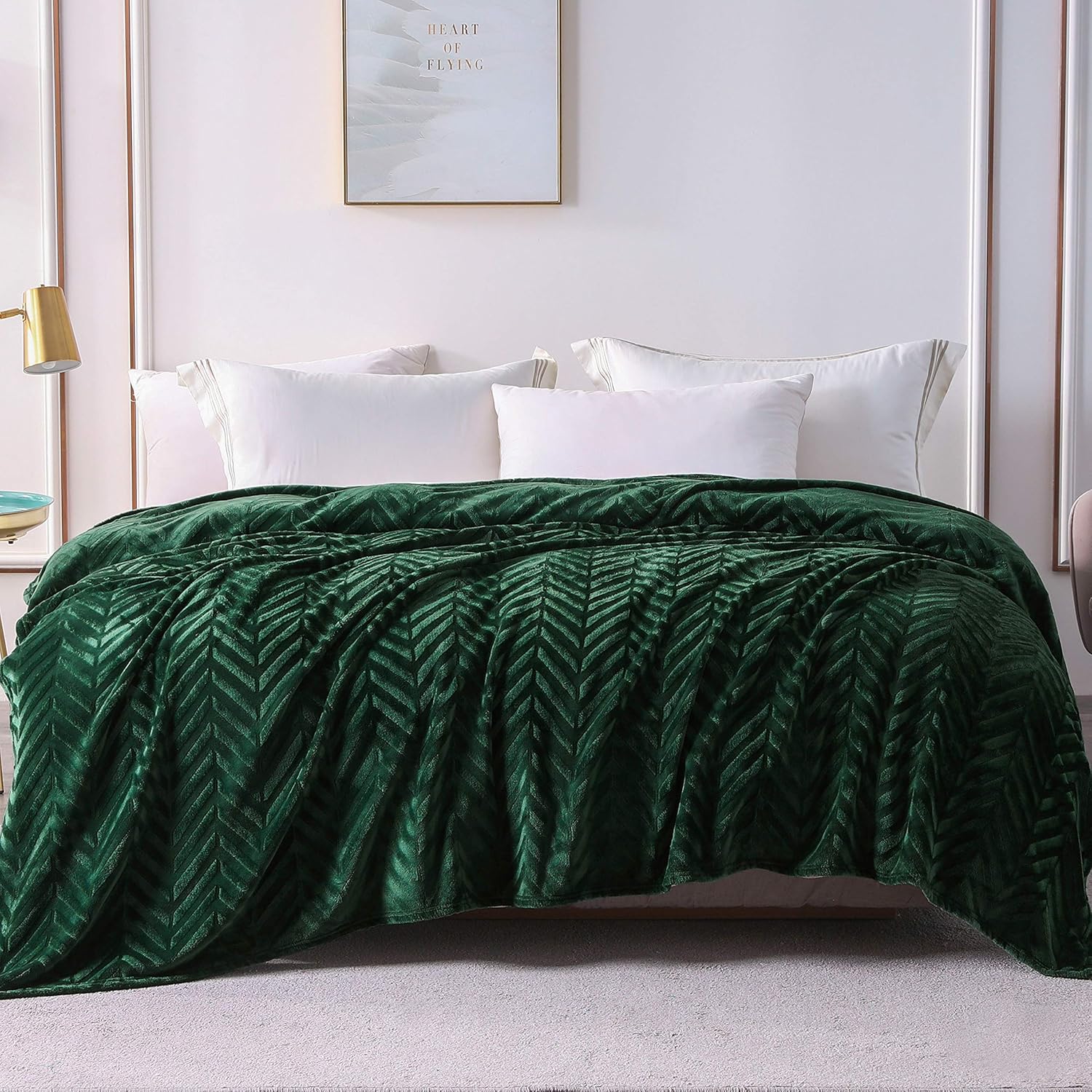 Whale Flotilla Flannel Fleece Fall Bed Blanket Queen Size, Emerald Green | Lightweight Breathable Soft Bedspread, Plush Fluffy Coverlet Chevron Design Decorative Blanket for Home Life, 90x90 Inch - Image 2
