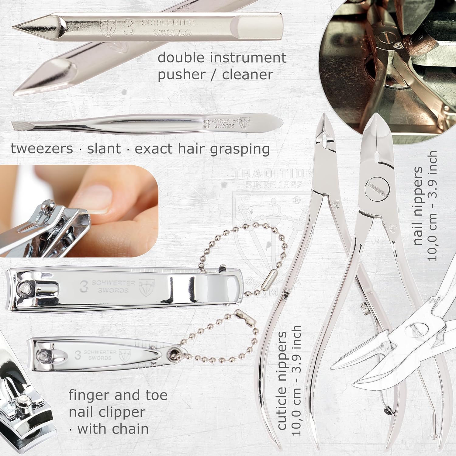 3 Swords Germany - brand quality 10 piece manicure pedicure grooming kit set for professional finger & toe nail care scissors clipper fashion leather case in gift box, Made by 3 Swords (6226) - Image 3