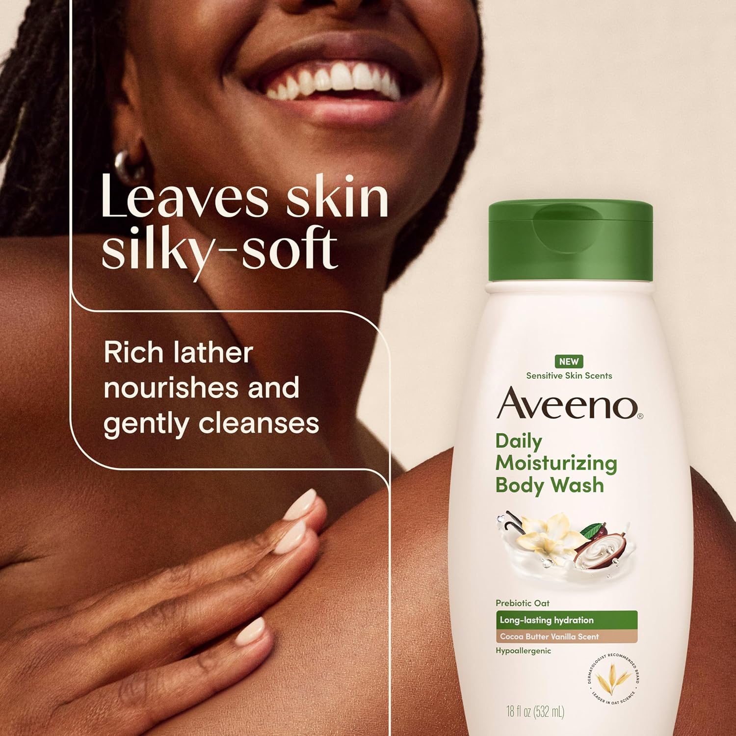 Aveeno Daily Moisturizing Body Wash, Cocoa Butter Vanilla, 18 fl. oz | Cocoa Butter Vanilla Scent, Soothing Prebiotic Oat, Long-Lasting Hydration for Sensitive Skin, Hypoallergenic, Paraben-Free - Image 6