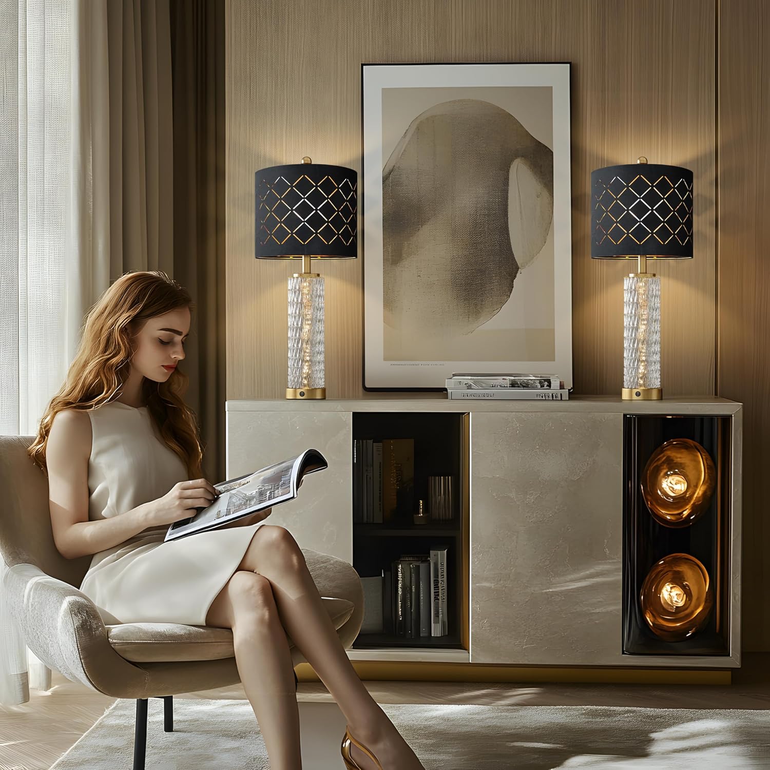 27.75" Modern Table Lamps Set of 2, Gold Bedside Lamp with Crystal Nightlight, USB A+C, Black Grid Shade, Unique Desk Lamps for Living Room, Bedroom, Nightstand, End Table (2 Bulbs Included) - Image 7