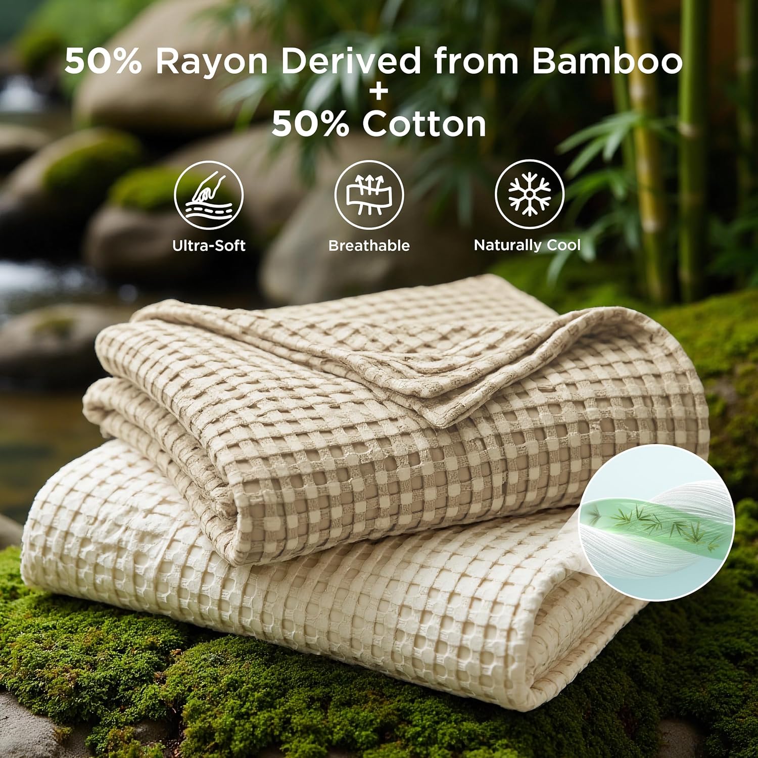 Bedsure Cooling Cotton Waffle Queen Blanket, Warm Taupe, 90x90 Inches | Lightweight, Breathable, Rayon Derived from Bamboo, For Hot Sleepers, Luxury Throws for Bed, Fall blanket - Image 2