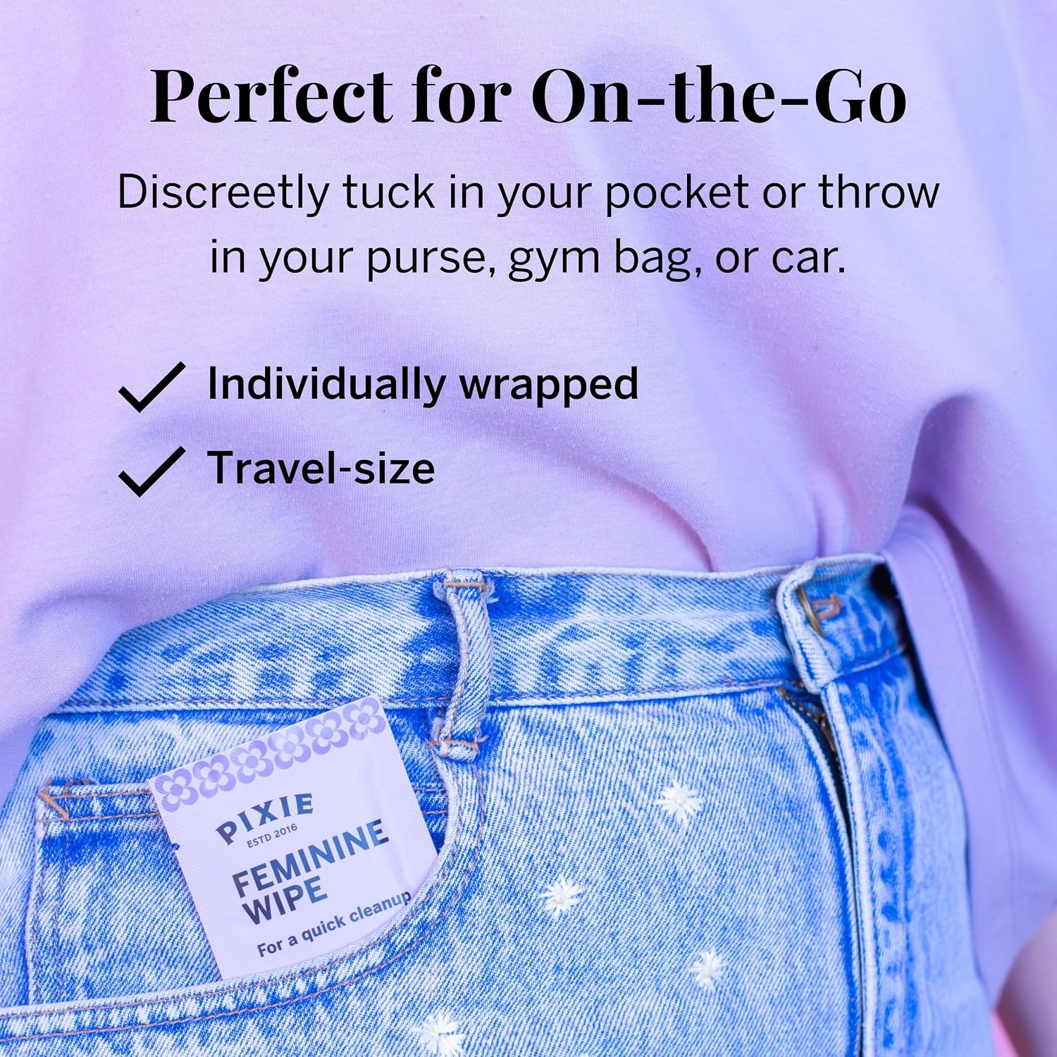 Pixie Feminine Wipes - Flushable, Biodegradable, & Ph Balanced - Individually Wrapped Packet Wipes for On The Go & Public Bathrooms - Wash & Cleaner For Your Menstrual Cups & Discs (2 Packs of 20) - Image 5
