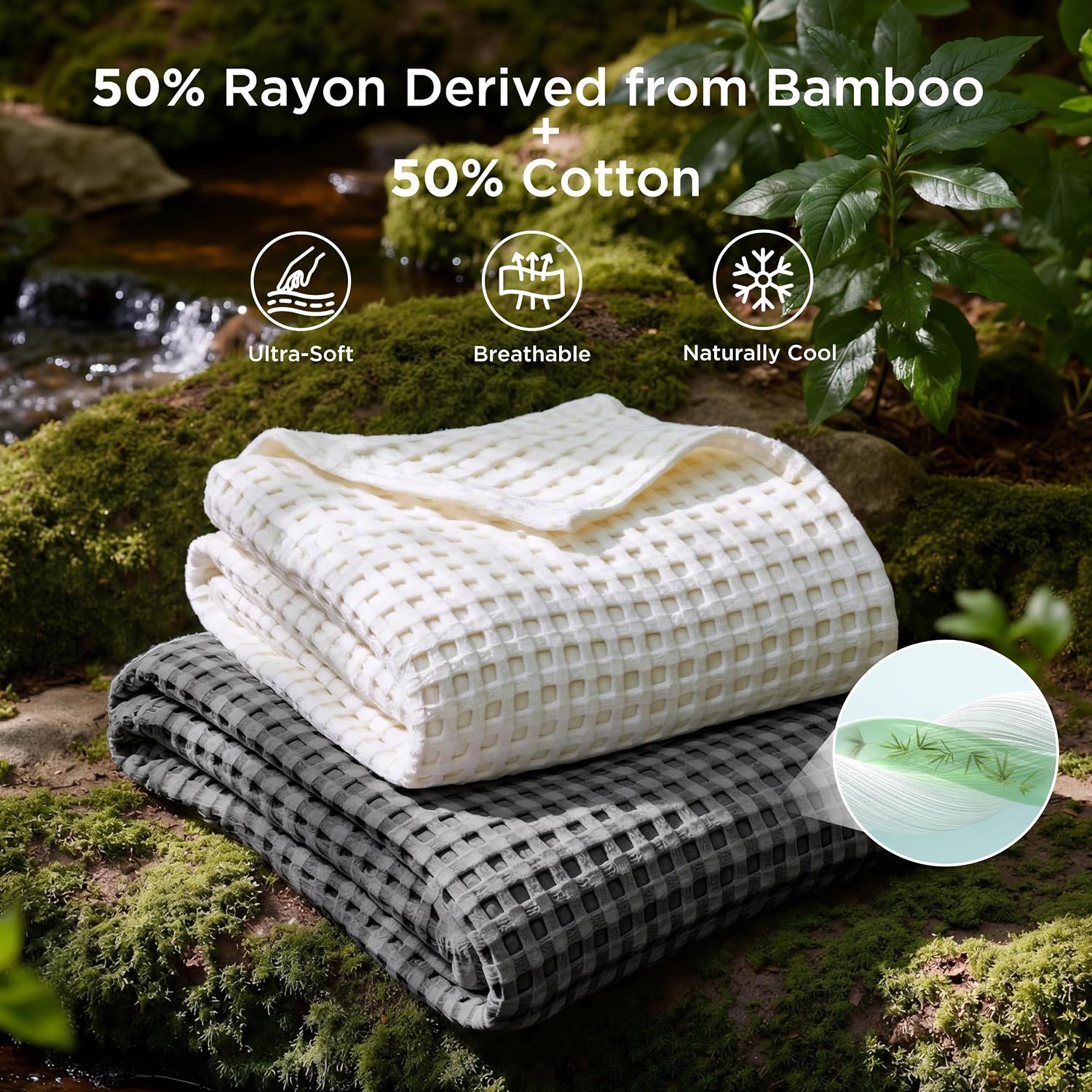Bedsure Cooling Cotton Waffle Queen Size Blanket - Lightweight Breathable Blanket of Rayon Derived from Bamboo for Hot Sleepers, Luxury Throws for Bed, Couch and Sofa, Dark Grey, 90x90 Inches - Image 2