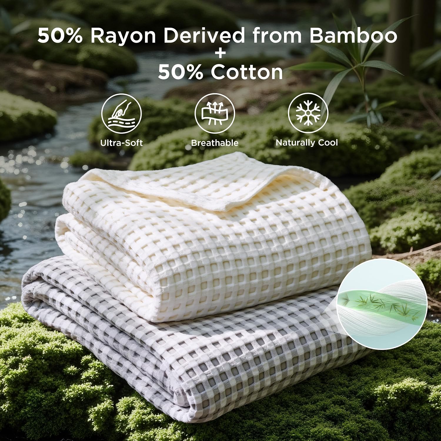 Bedsure Cooling Waffle Queen Size Blanket - Lightweight Cotton Summer Blanket of Rayon Derived from Bamboo for Hot Sleepers, Luxury Throws for Bed, Couch and Sofa, Ivory, 90x90 Inches - Image 2