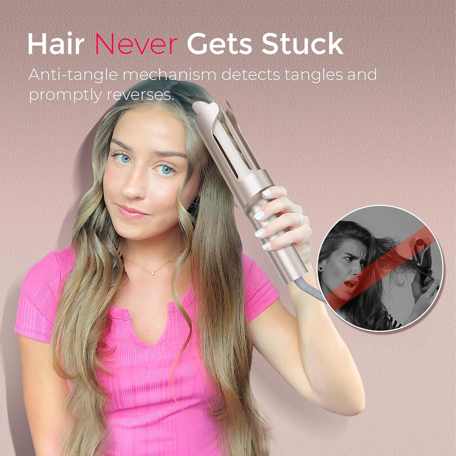 TYMO CurlPro Plus Automatic Rotating Curling Iron - Upgraded Long Barrel Curling Wand for Beach Waves & Long Hair, Ceramic Hair Curler for Women, Anti-Scald, 600M Ionic, Dual Voltage, Gold, 1 Inch - Image 6
