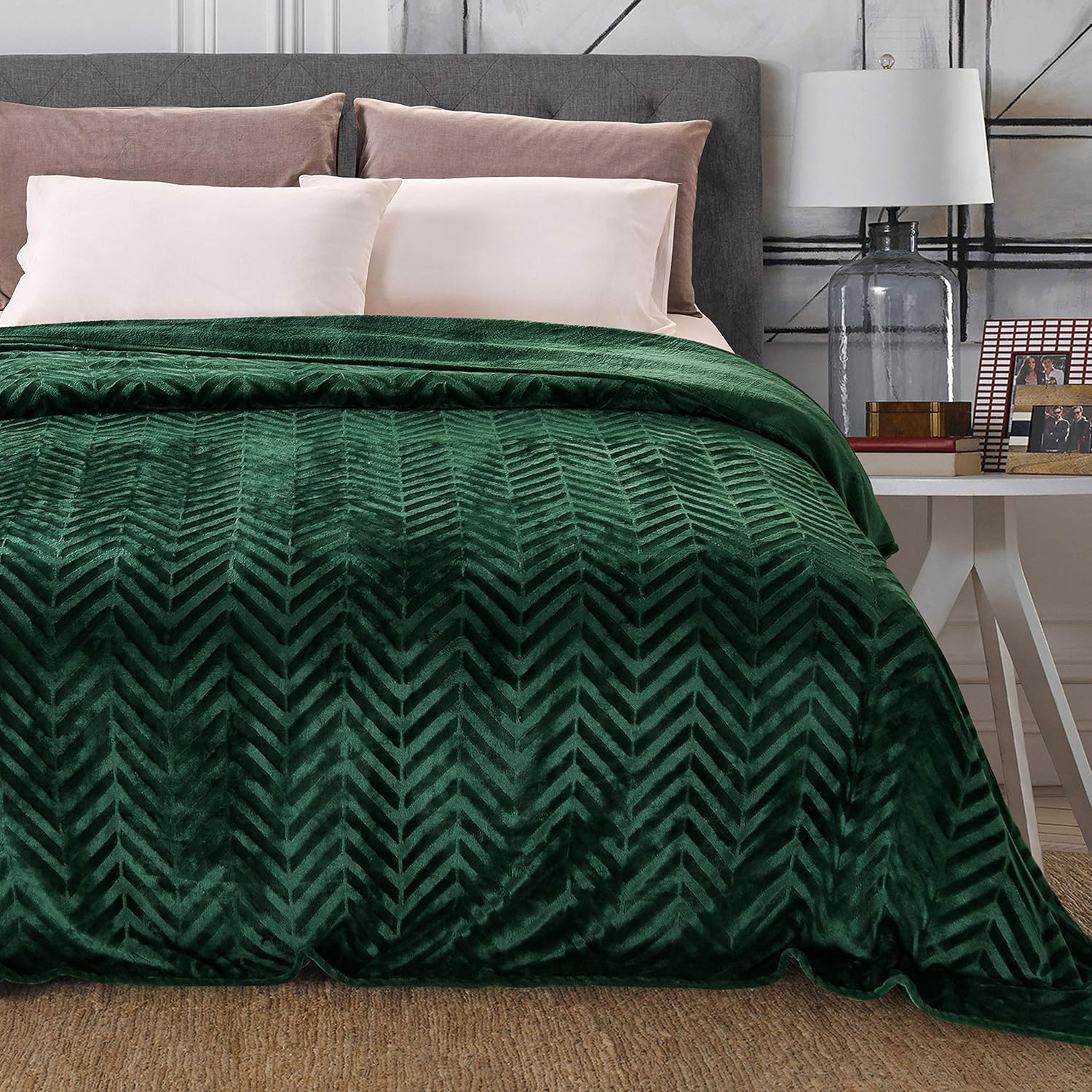 Whale Flotilla Flannel Fleece Fall Bed Blanket Queen Size, Emerald Green | Lightweight Breathable Soft Bedspread, Plush Fluffy Coverlet Chevron Design Decorative Blanket for Home Life, 90x90 Inch - Image 9