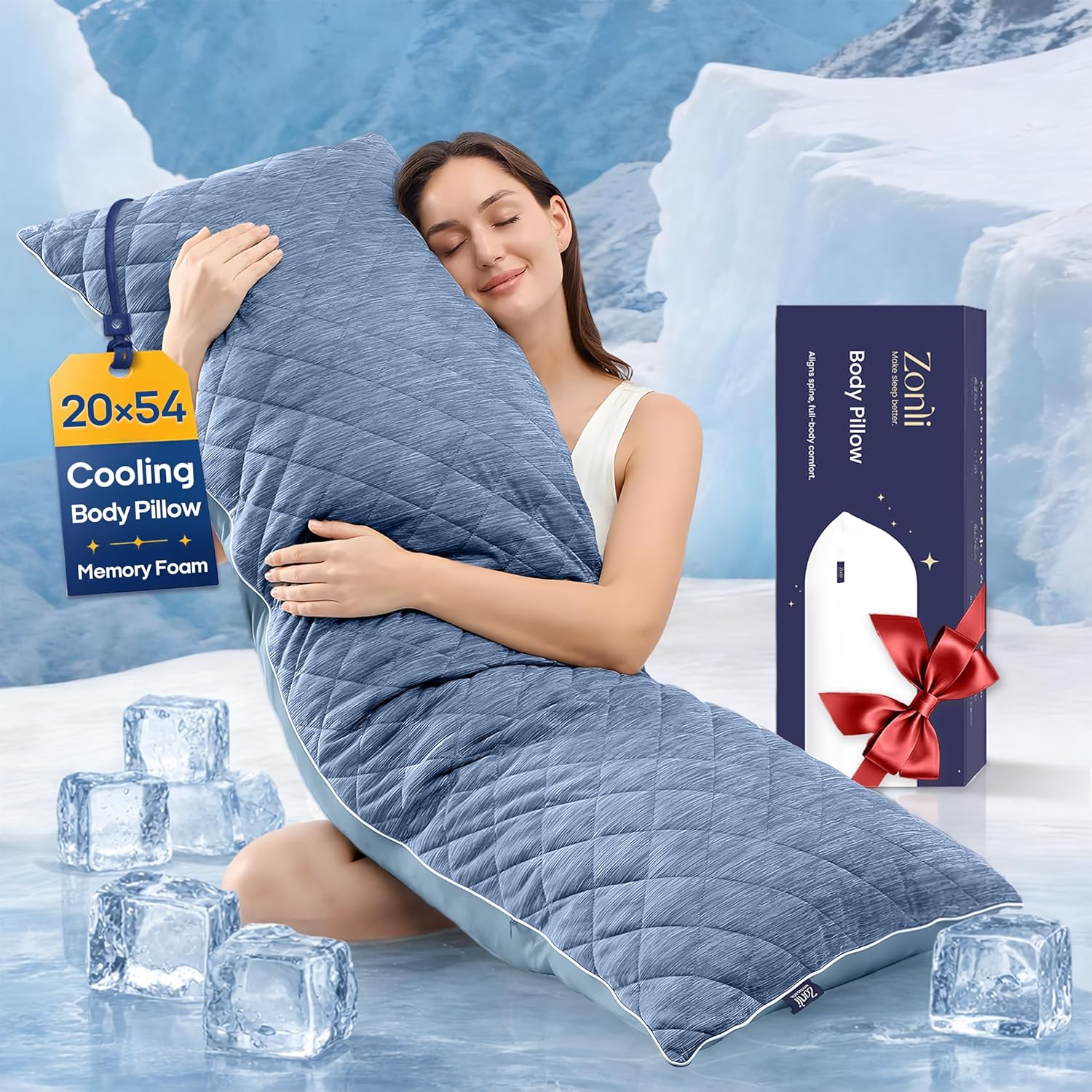 ZonLi Cooling Body Pillow for Adults Side Sleeper & Pregnancy - Memory Foam Insert Long Body Pillow 20 x 54 Inch with Washable Pillowcase, Gift for Men Women Light Blue