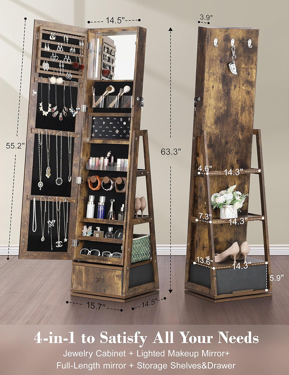 360° Swivel Jewelry Cabinet with Lights, Full Length Mirror | Standing Led Mirror Jewelry Cabinet, Lockable Mirror with Storage, Interior Mirror, Shelves, Flip-over Shelf, Rustic Brown - Image 8
