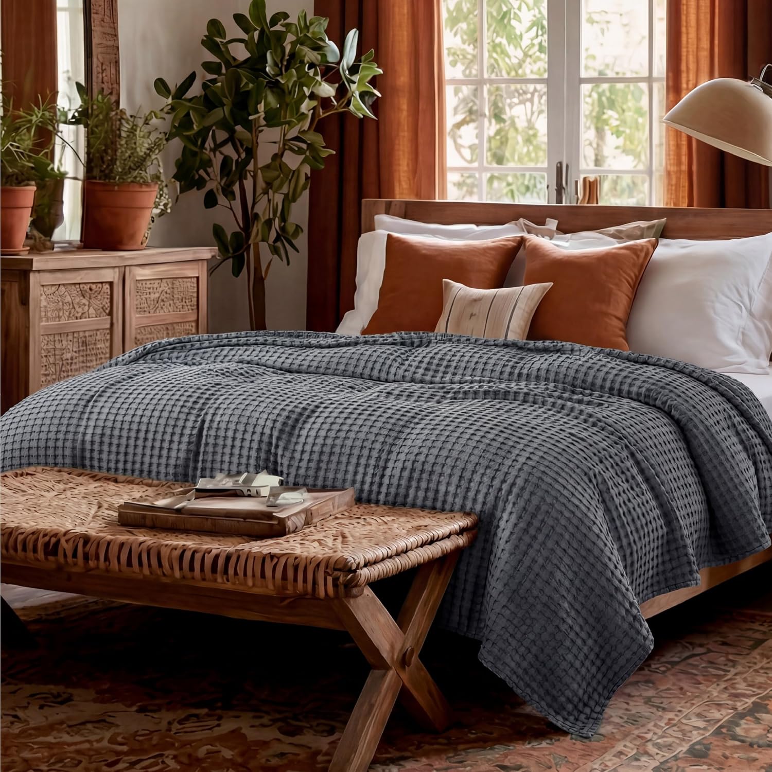 Bedsure Cooling Cotton Waffle Queen Size Blanket - Lightweight Breathable Blanket of Rayon Derived from Bamboo for Hot Sleepers, Luxury Throws for Bed, Couch and Sofa, Dark Grey, 90x90 Inches - Image 8