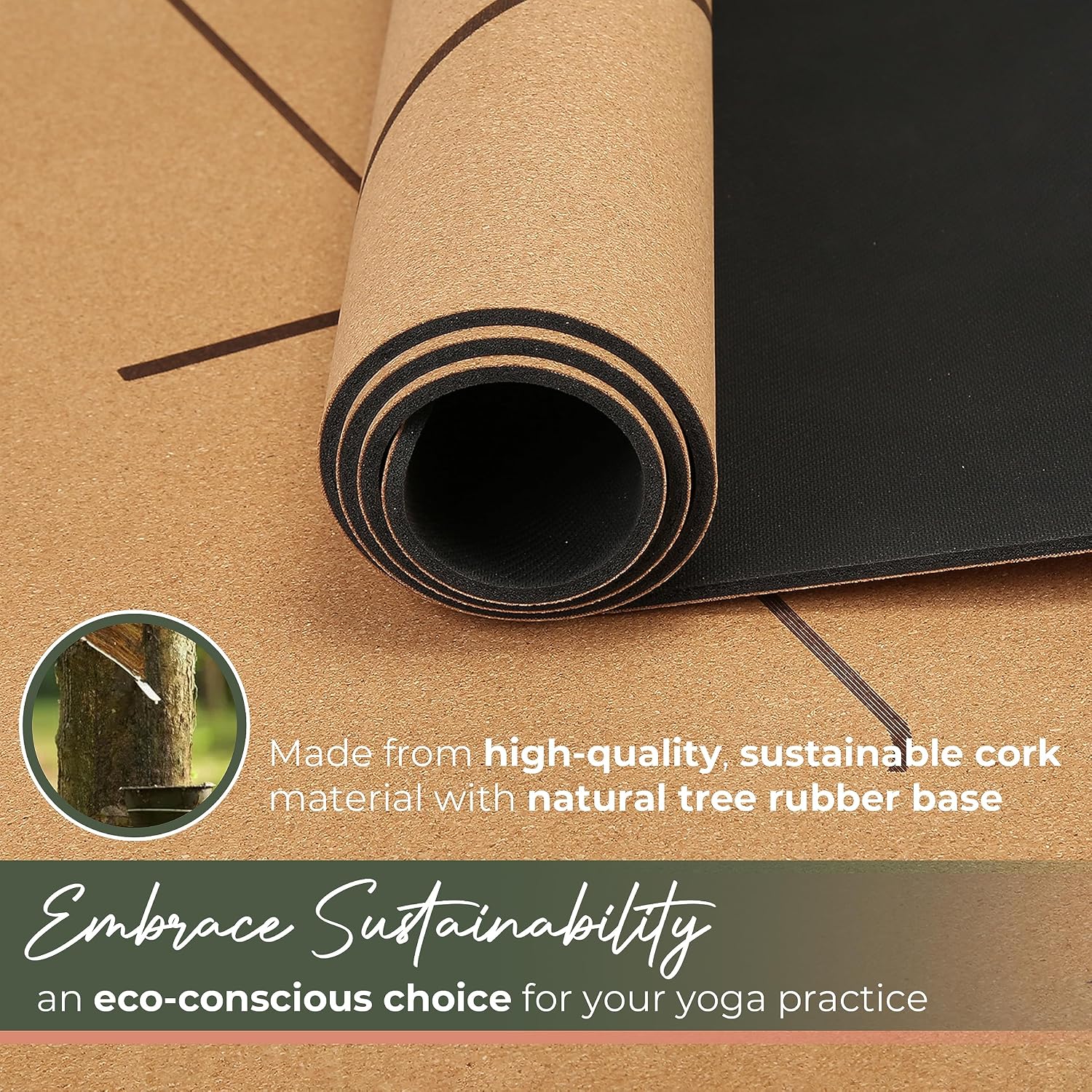 Y O Gayo Premium Yoga Cork Mat | 5mm Thick Natural Tree Rubber Base and Bigger Mat for Extra Support, Alignment lines for Guidance | Non-Slip, Sustainable, Your Ultimate Yoga Companion - Image 3