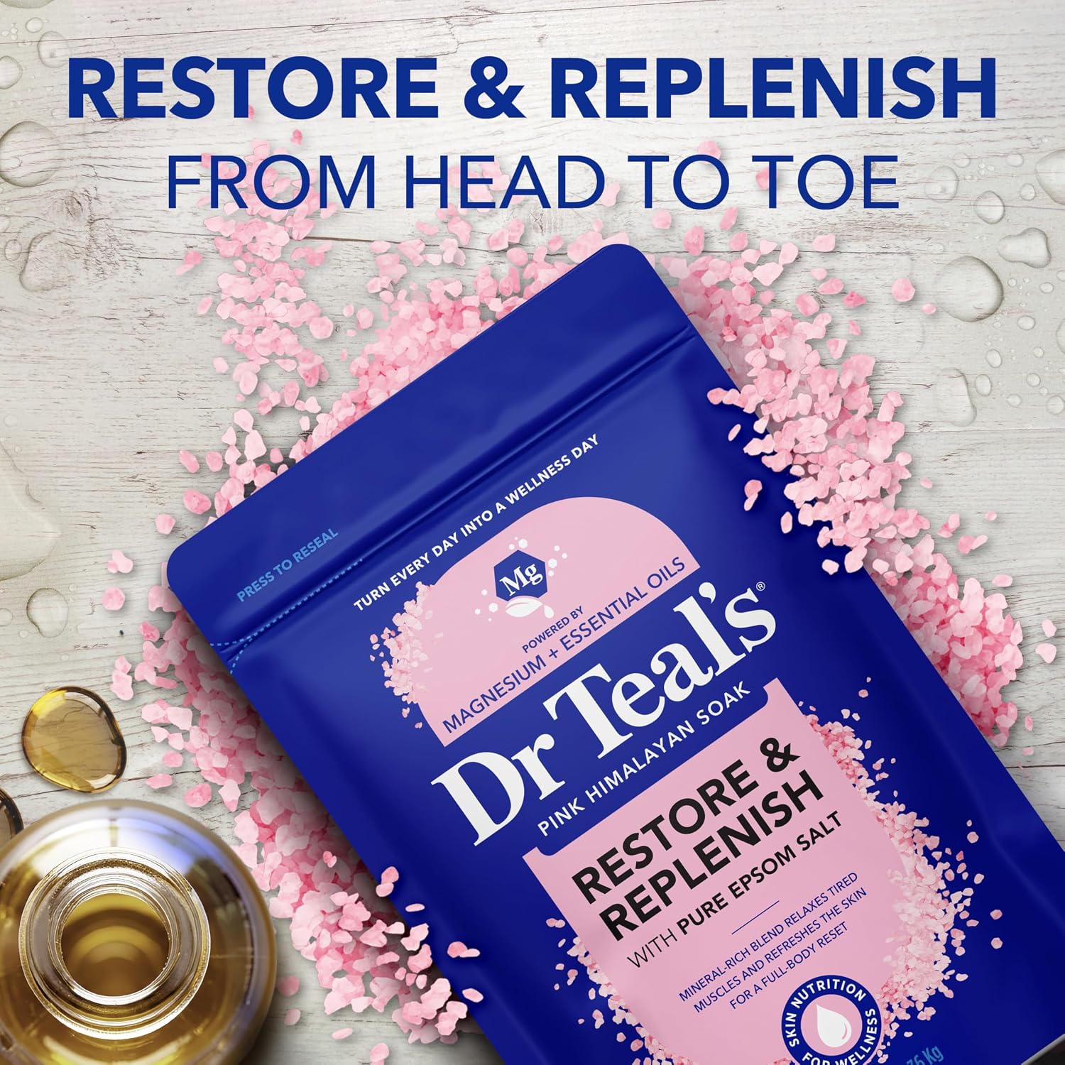 Dr Teal's Epsom Salt Magnesium Soak, Restore & Replenish with Pink Himalayan Salt, 3 lbs - Image 4