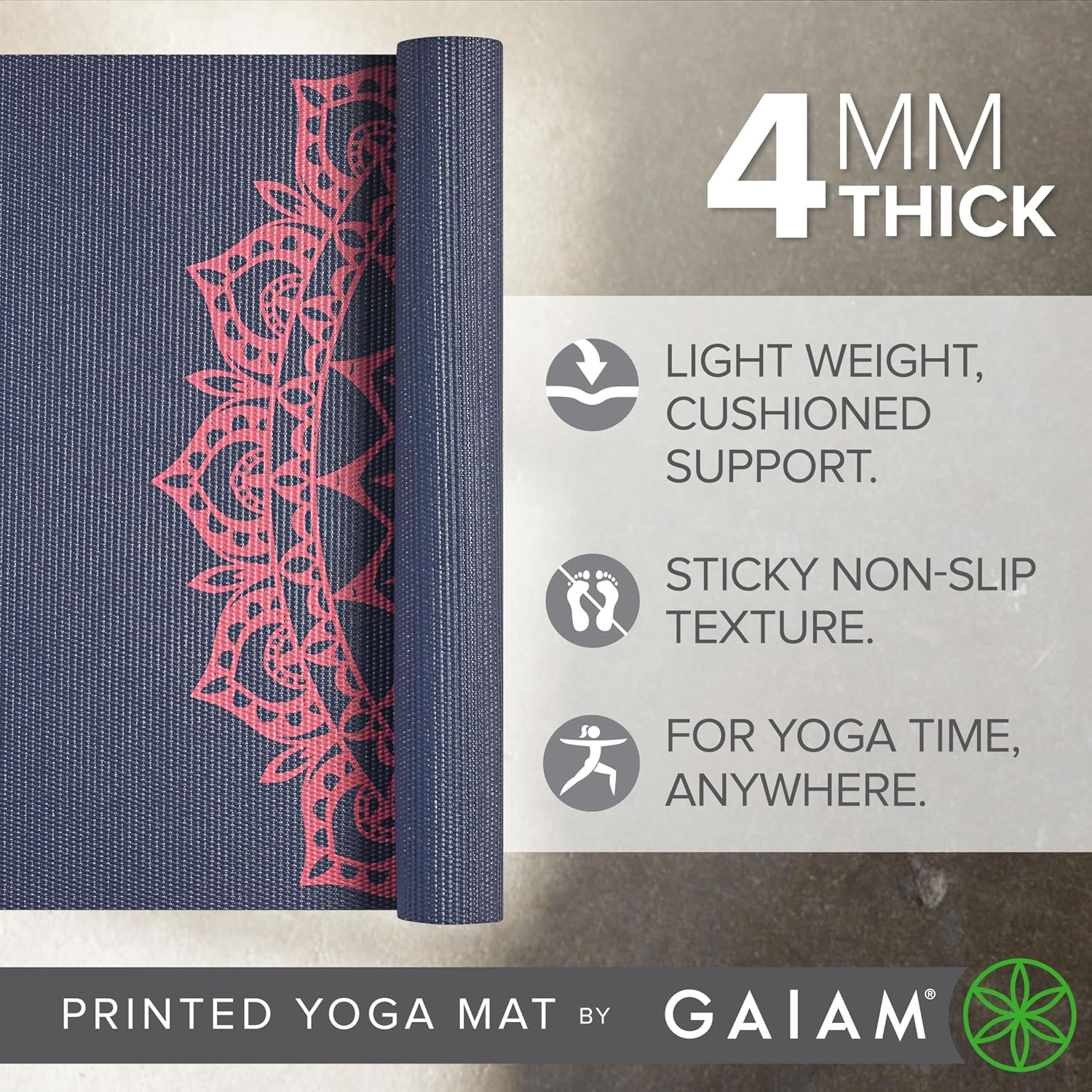 Gaiam Yoga Mat Classic Print, 4mm Non-Slip Mat | Lightweight 4mm print yoga mat with non-slip grip. Ideal for yoga, Pilates & floor workouts at home or studio. - Image 5