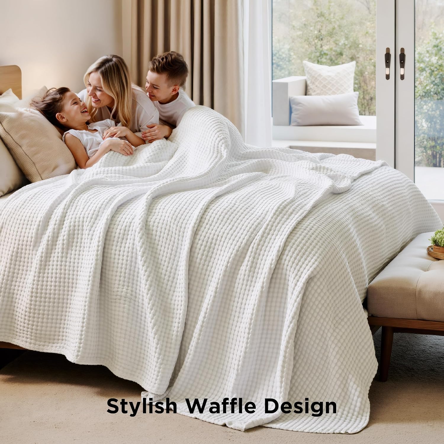 Bedsure Cooling Waffle Queen Size Blanket - Lightweight Cotton Summer Blanket of Rayon Derived from Bamboo for Hot Sleepers, Luxury Throws for Bed, Couch and Sofa, Ivory, 90x90 Inches - Image 5