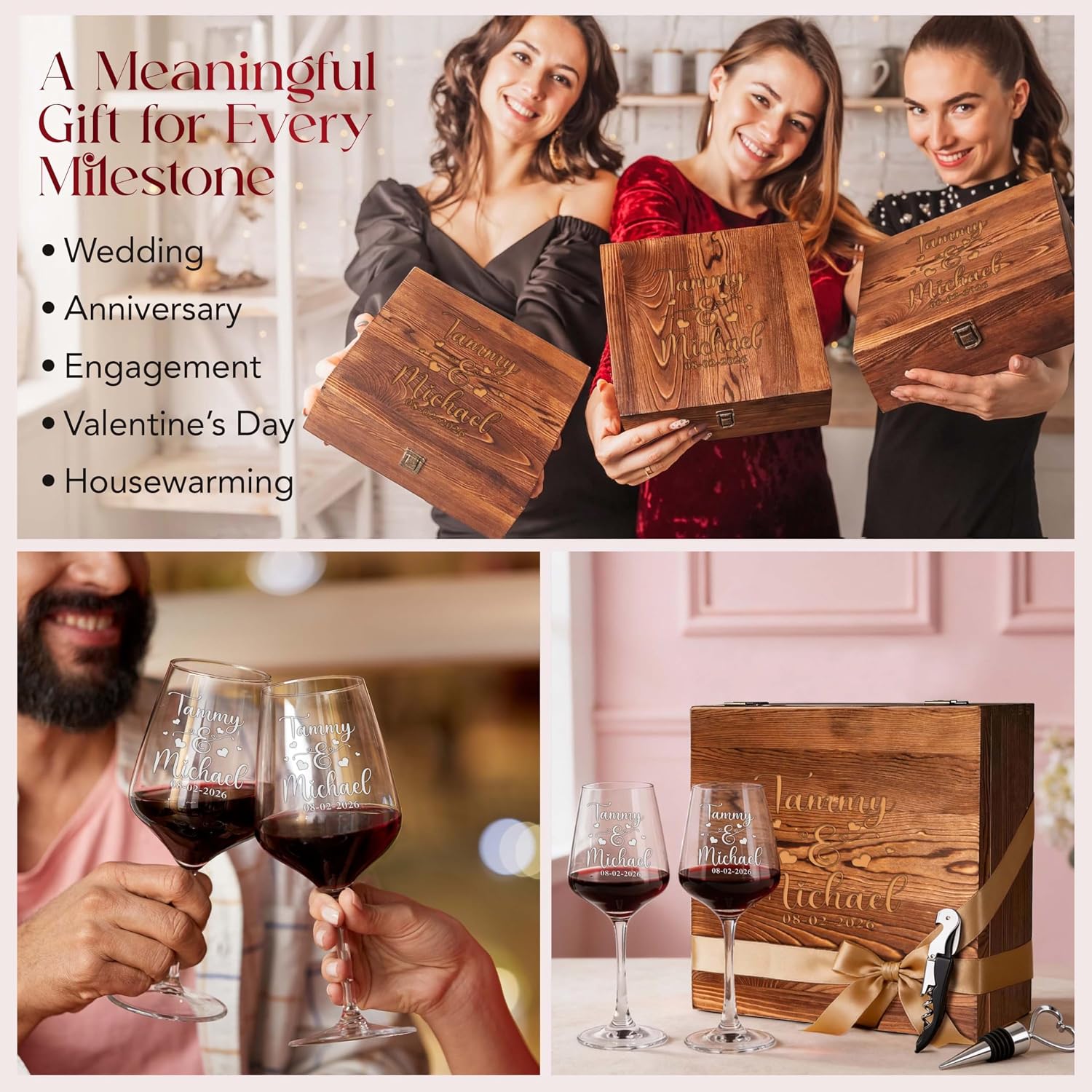 Custom Couples Wine Glasses Set Of 2, Engraved Names Date Hearts, Wood Box | Bride And Groom Wine Glasses, Wedding Gift, Anniversary, Engagement Present, Newlywed Couple, His And Hers Set - Image 4