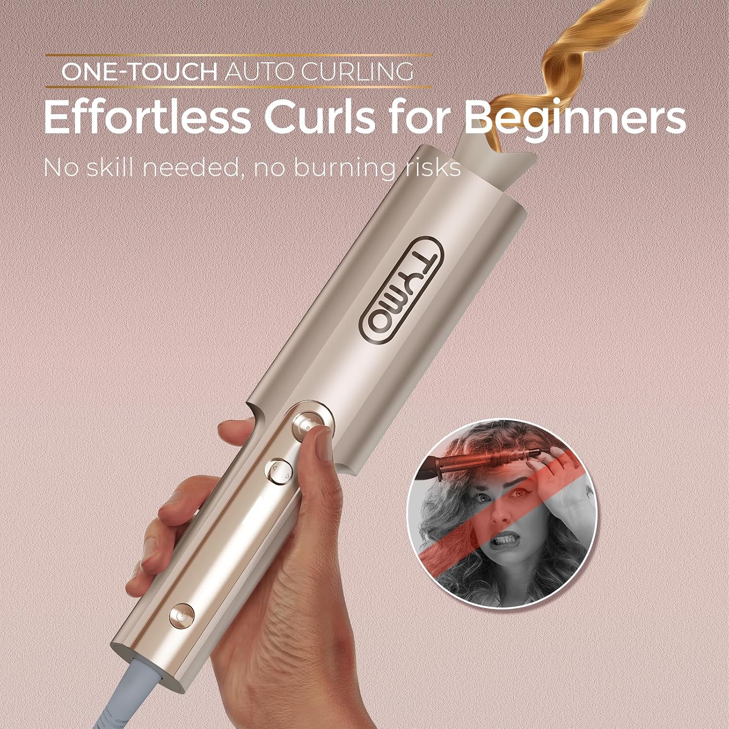 TYMO CurlPro Plus Automatic Rotating Curling Iron - Upgraded Long Barrel Curling Wand for Beach Waves & Long Hair, Ceramic Hair Curler for Women, Anti-Scald, 600M Ionic, Dual Voltage, Gold, 1 Inch - Image 2