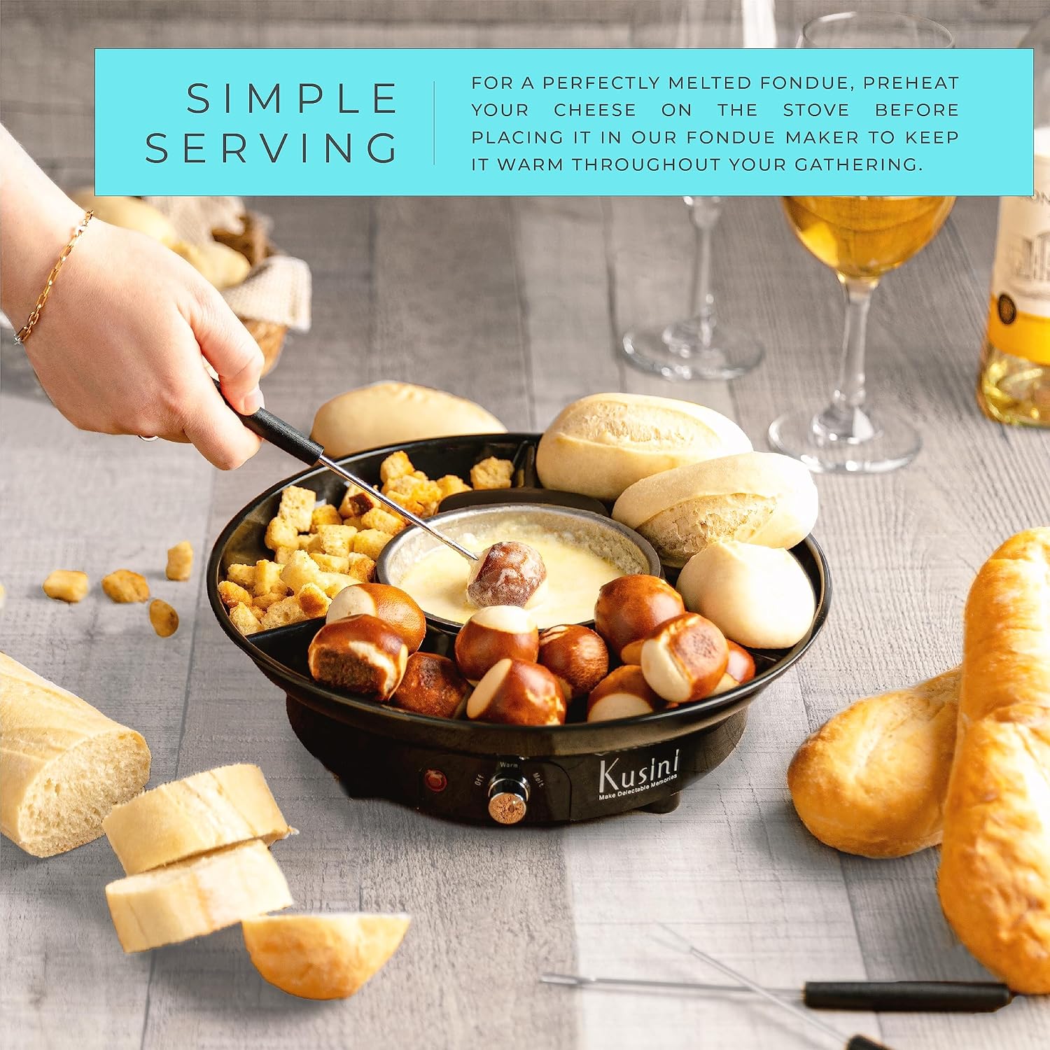 Kusini Electric Fondue Pot Set – Chocolate Fondue Kit - Temperature Control | Detachable Serving Tray, 10oz Melting Pot, 4 Roasting Forks - Gift Set & Date Night Idea. Serve at Movie Night or Game Night. - Image 6