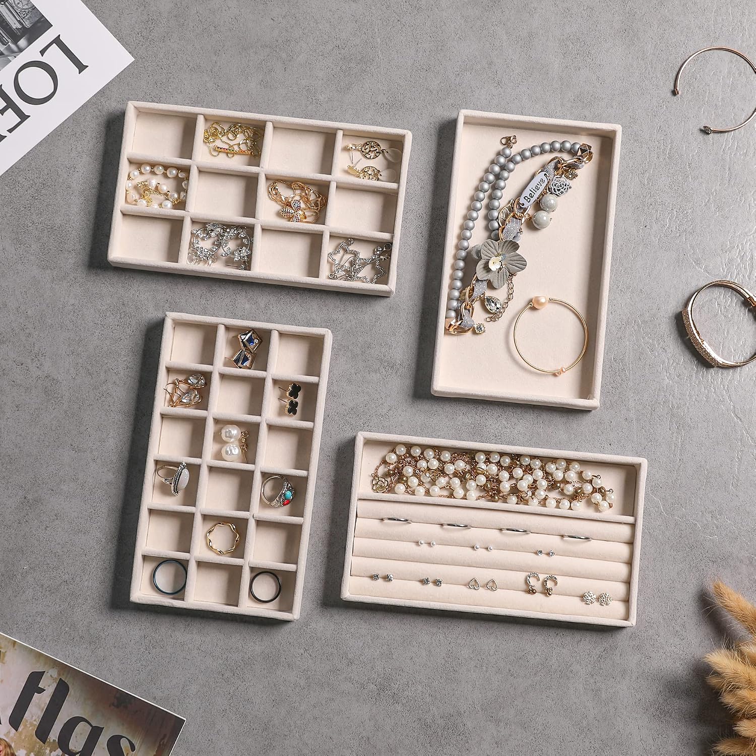 Jewelry Trays for Drawer,Set of 9 Jewelry Organizer and Storage | Velvet Material,Earring Holder Organizer,Stackable Jewelry Display for Vanity,Drawer Inserts for Rings,Studs,8.3×4.9 inch - Image 5