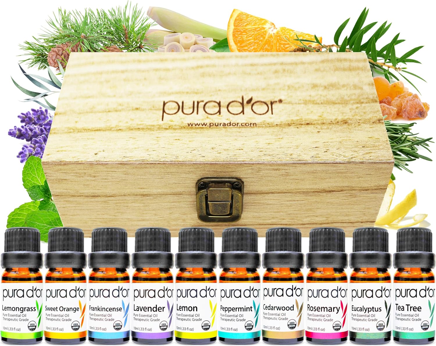 PURA D'OR Organic Perfect10 Essential Oils Aromatherapy Box Set, 10mL x10 | Diffuser Blends, Gift-Ready Wood Case, USDA Certified, 100% Pure, Massage, DIY Beauty, Home Fragrance, Relaxation Routine