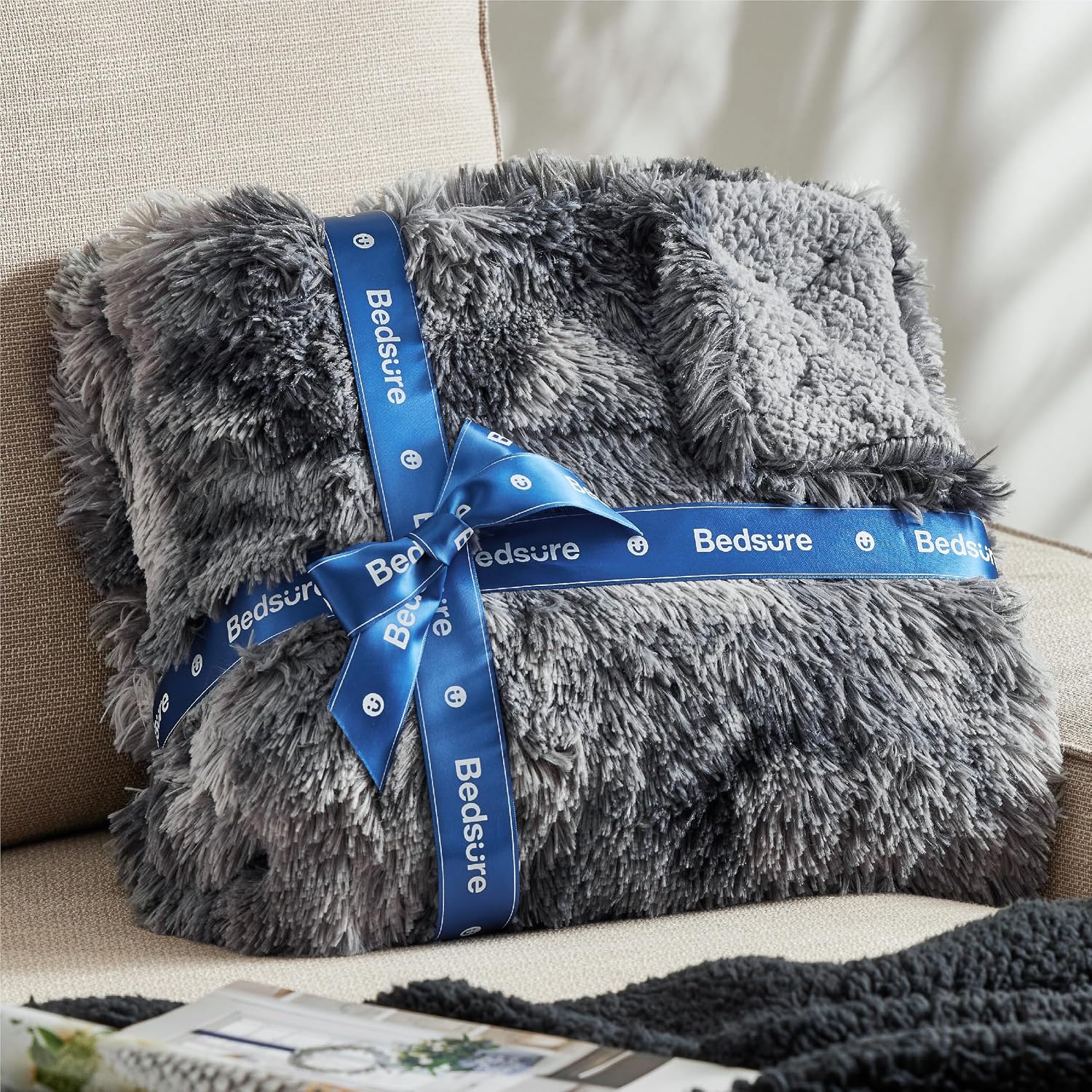 Bedsure Faux Fur Fluffy Sherpa Fleece Queen Bed Blanket Grey 90"x90" | Fuzzy Plush, Thick Warm, Fall, Comfort Cozy Soft Home Room Decor, Gift for Women Men, Bedroom Bed, Teen Girl Bedding - Image 5
