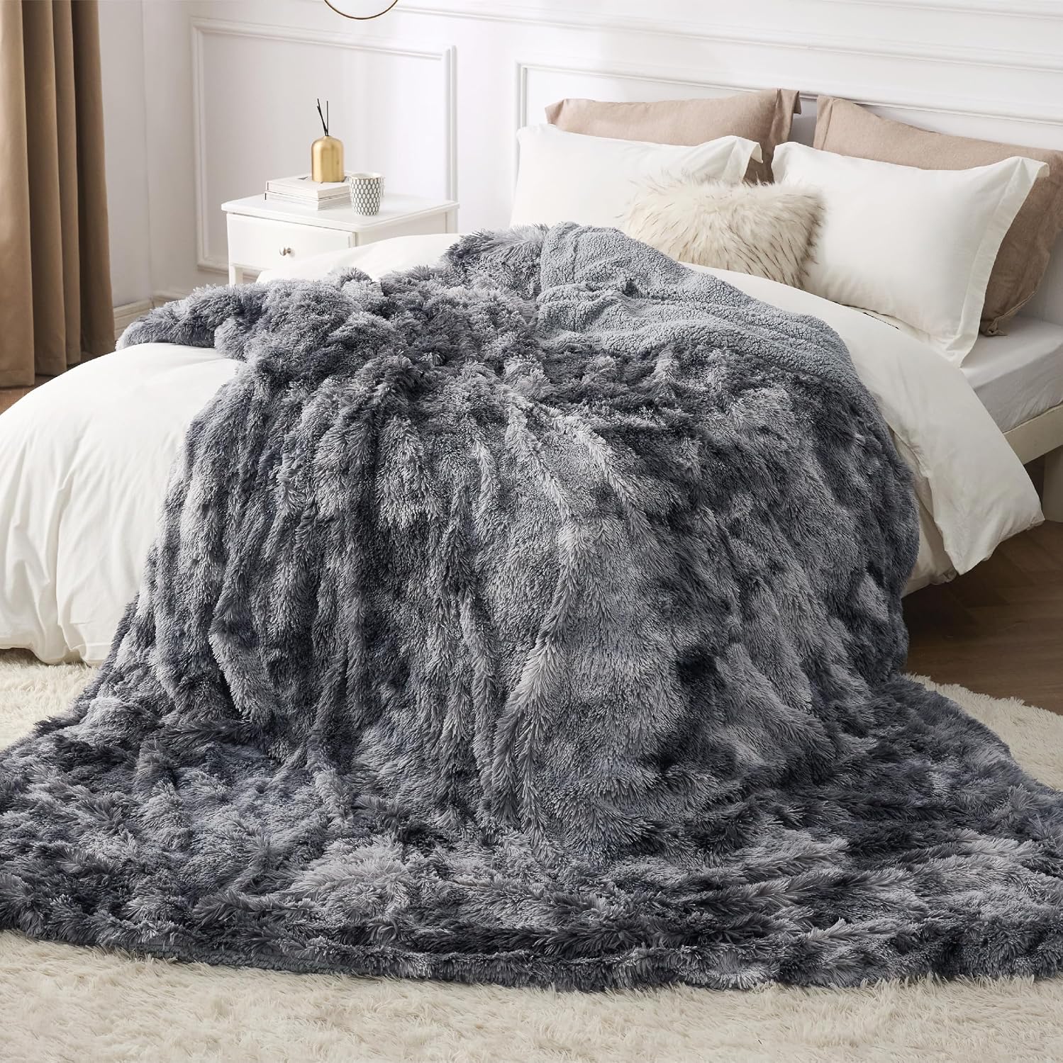 Bedsure Faux Fur Fluffy Sherpa Fleece Queen Bed Blanket Grey 90"x90" | Fuzzy Plush, Thick Warm, Fall, Comfort Cozy Soft Home Room Decor, Gift for Women Men, Bedroom Bed, Teen Girl Bedding - Image 6