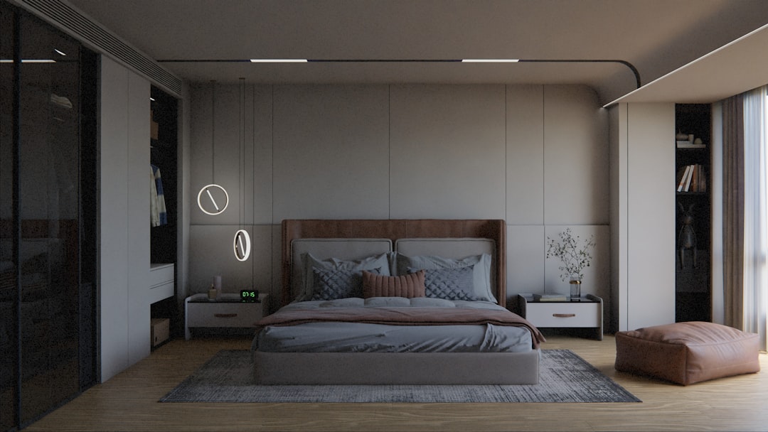 A serene bedroom with soft lighting, cozy textiles, and calming decor elements.