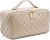 Large Capacity Travel Cosmetic Bag – Open Flat Makeup Bags for Women Waterproof PU Leather Checkered Makeup Organizer Bag,Toiletry Bag for Cosmetics, Portable Make up Bag for Travel Essentials, Khaki